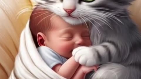Cat Hugging Newborn Baby