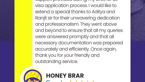 5 Star Review | Thank You Mr. Honey Brar | AUM Global Migration