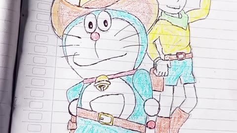 Drawing of Doraemon and nobita wearing cowboy hats