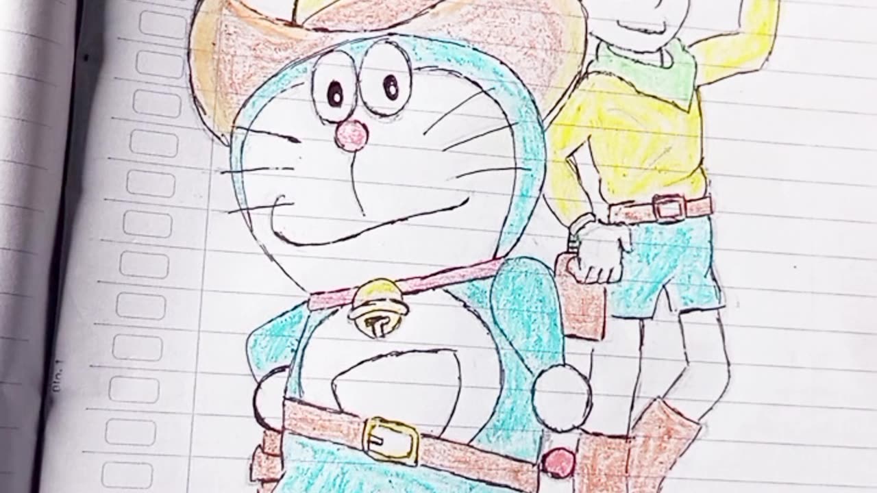 Drawing of Doraemon and nobita wearing cowboy hats