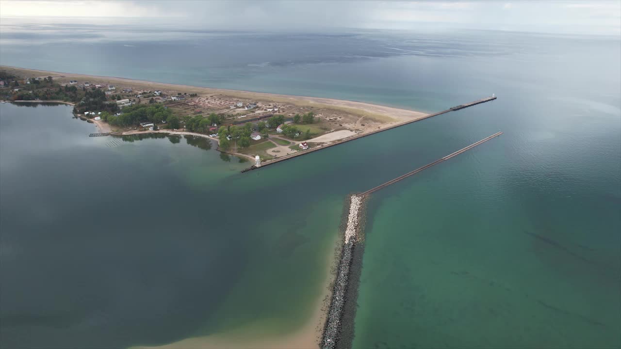 Drone Footage of Grand Marais, Michigan. Bay and Piers.