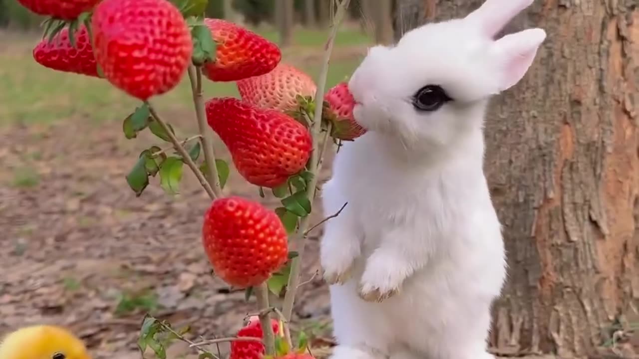 Beautiful rabbit eating strawberries