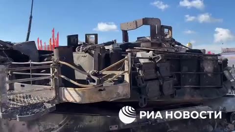 A U.S. Abrams tank is prominently displayed alongside a German Leopard tank in Moscow.