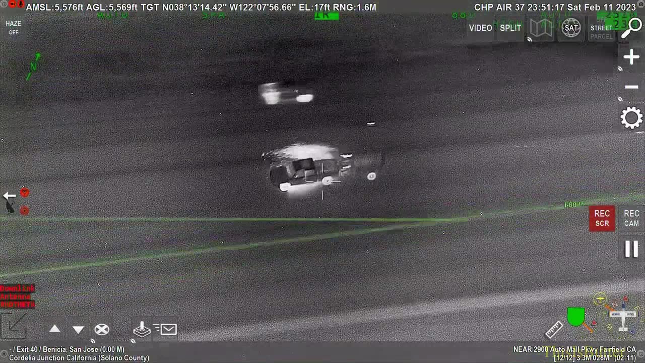 Spike strip ends pursuit when CHP air unit follows the stolen truck pulling a trailer from above