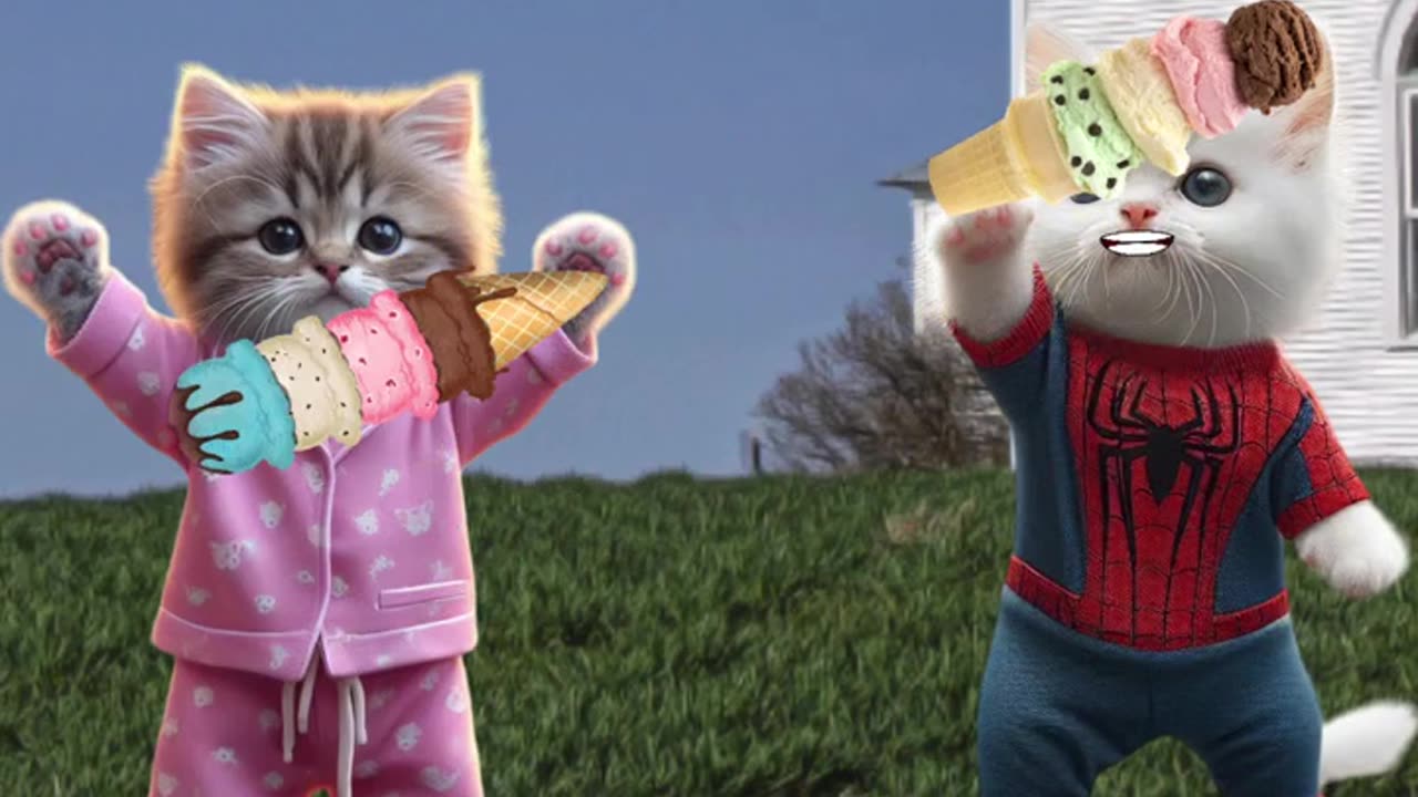 Cute cats and kittens prank eating a ice cream