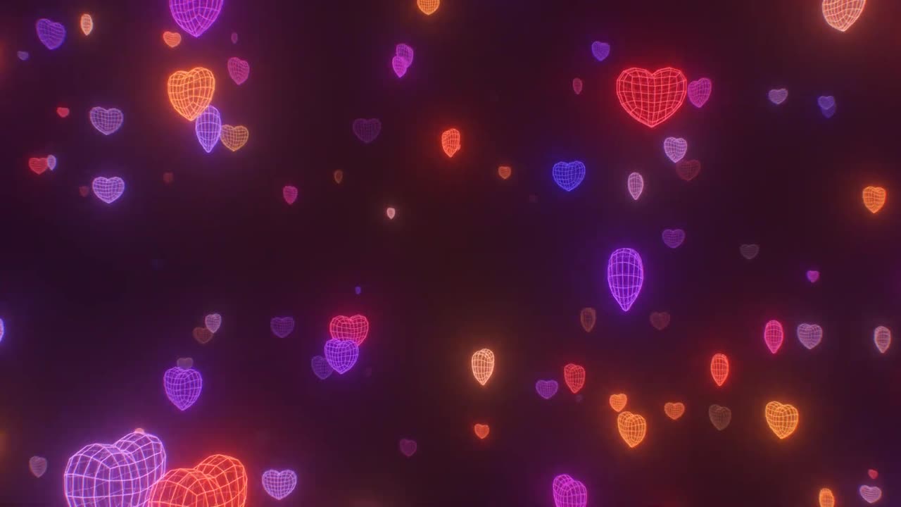 658. Retro Neon Glowing Warm Grid Wireframe Heart Shapes Flying At Camera