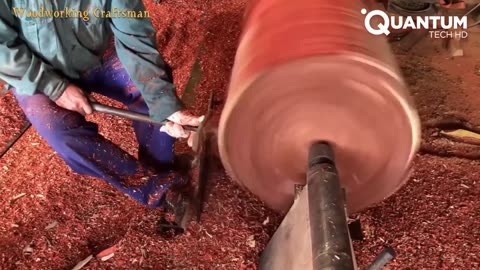 Woodturning Giant Red Log Using Dangerous Techniques | by @WoodworkingCraftsman