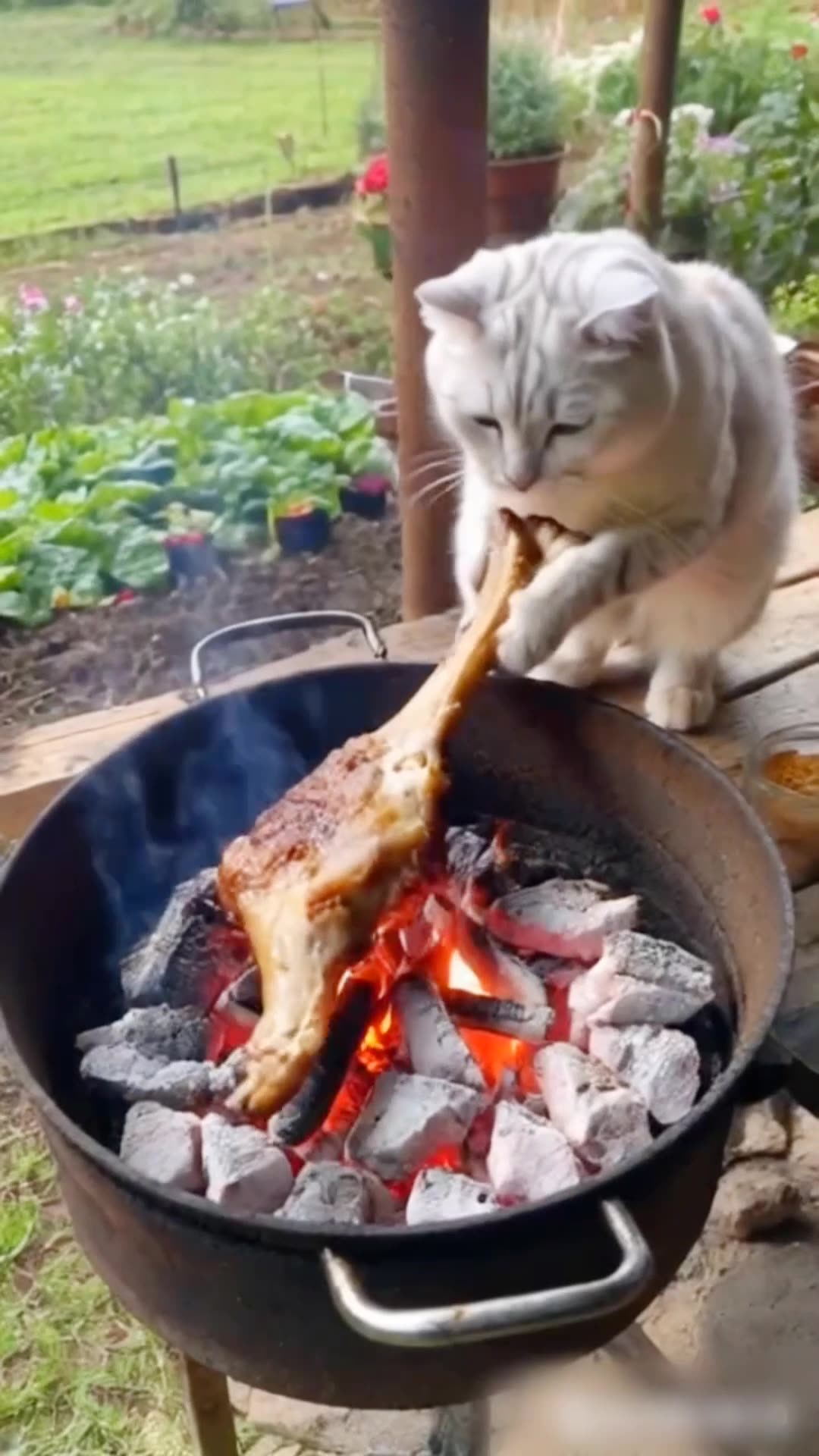 The cat is cooking and eating the meat itself.