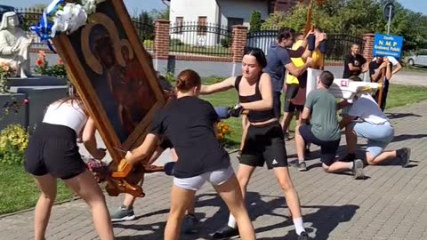 Ukrainian youth conduct demonic rituals near a church.