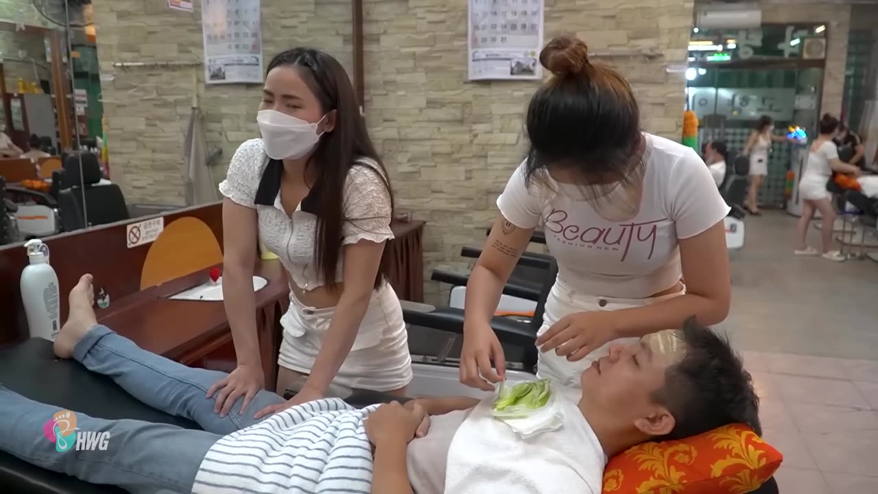 (ASMR) Barber shop massage: Leg, head & back massage with two girls' staff especially!