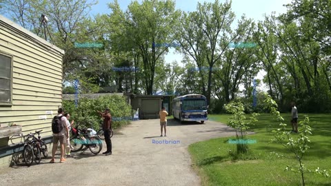 Doors Open - Toronto Island Transit (TIT) GMC fishbowl bus with rollsigns and that small old church