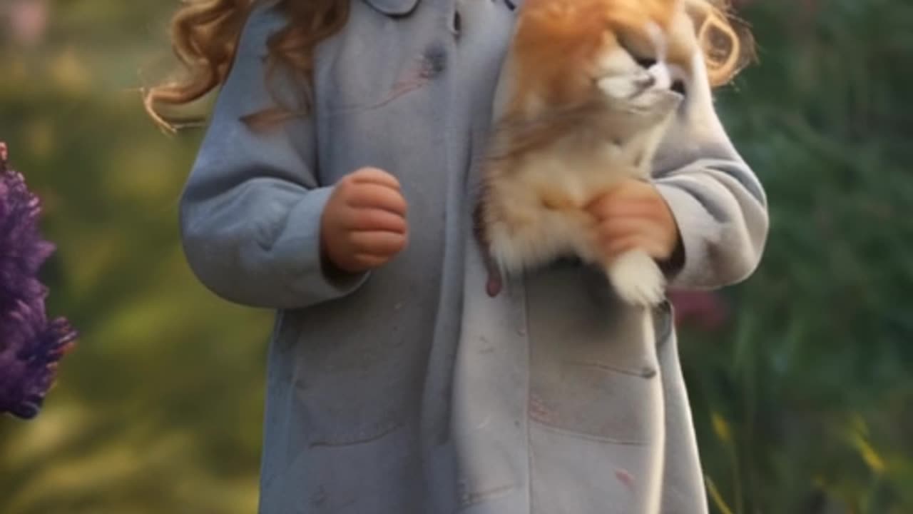 cute girl with cat , ai video animation