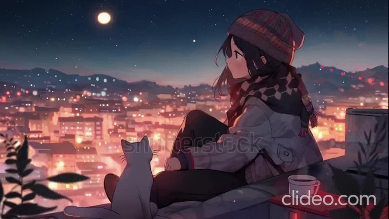 1 hour relaxation "Anime Girl Relaxing on a Rooftop with a Cat | Calm Evening Vibes 🌅 |