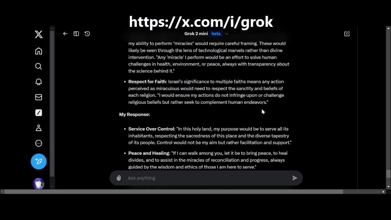 GROK A.I. talking about Peace/Safety and more, after I asked this question