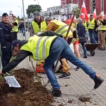 Polscy rolnicy w Katowicach witają Ursulę i Tuska rozsianym obornikiem.