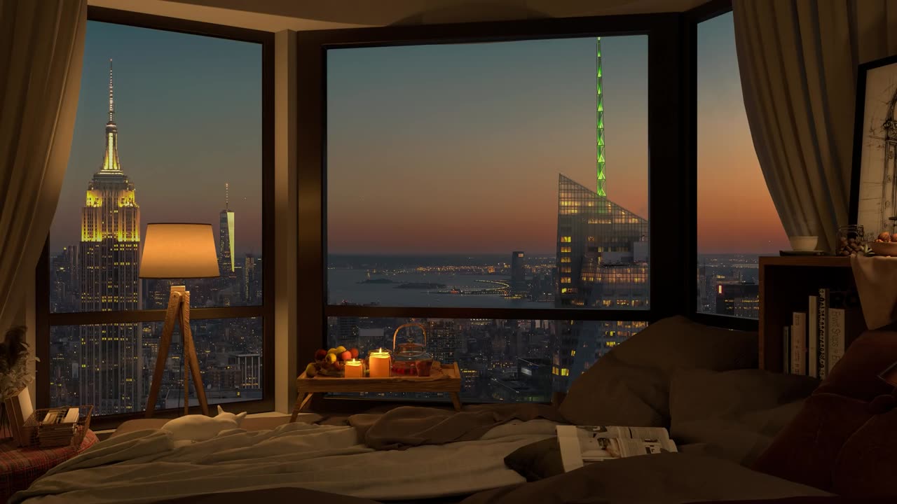 2023 Best New York City Views Night in Cozy Apartment with Jazz Music for Relax and Study ın 4K