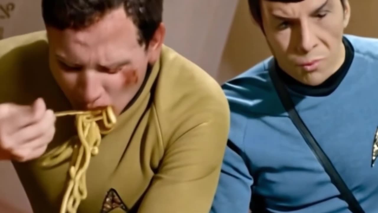 AI Star Trek - Kirk and Spock eat Spaghetti.