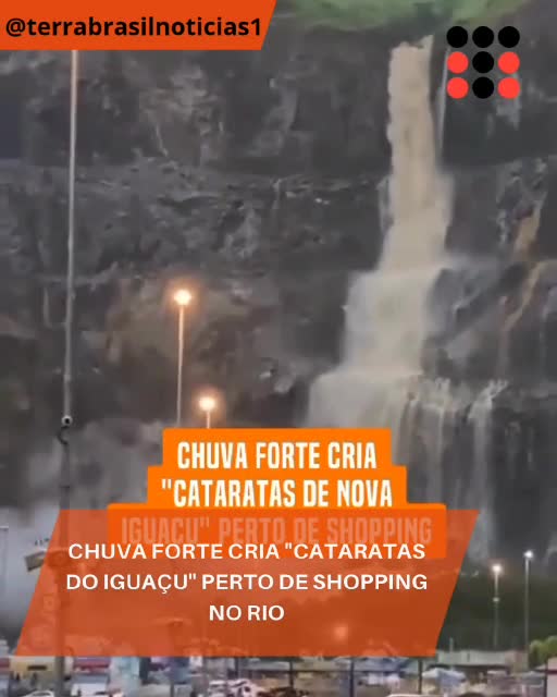 Chuva forte cria "Cataratas de Nova Iguaçu" perto de shopping no Rio