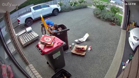 Kid Takes a Fall in a Rubbish Bin