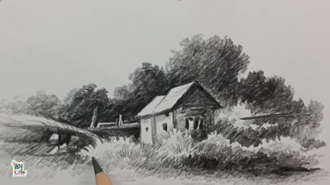 How to draw two small houses in scenery art