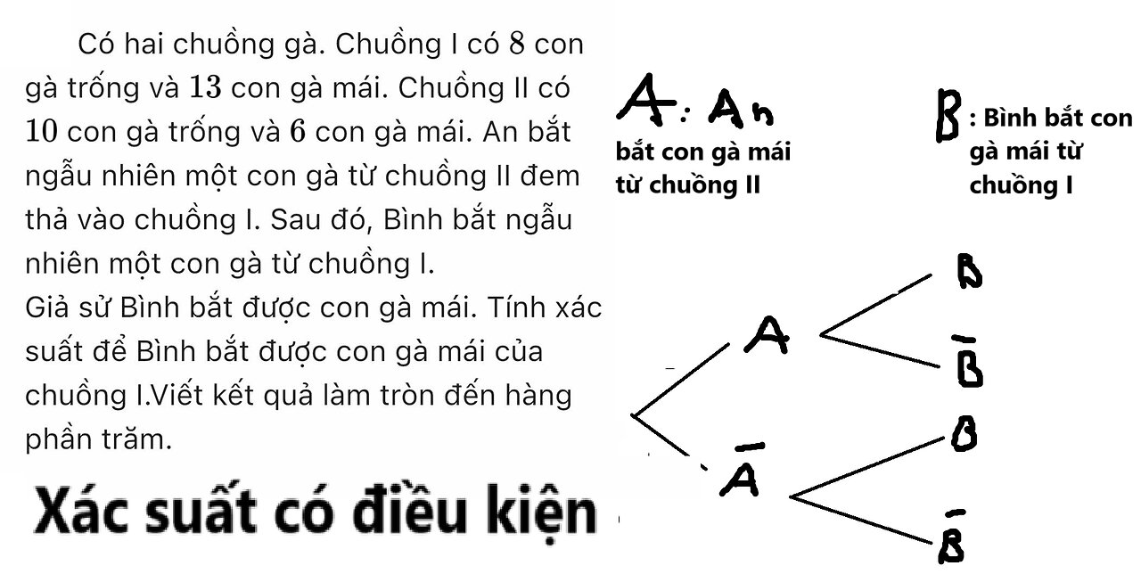 Toán 12: Xác suất có điều kiện: Có hai chuồng gà. Chuồng I có 8 con gà trống và 13 con gà mái.