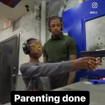Father teaches his son how to safely and correctly use a handgun, firearm safety and good parenting