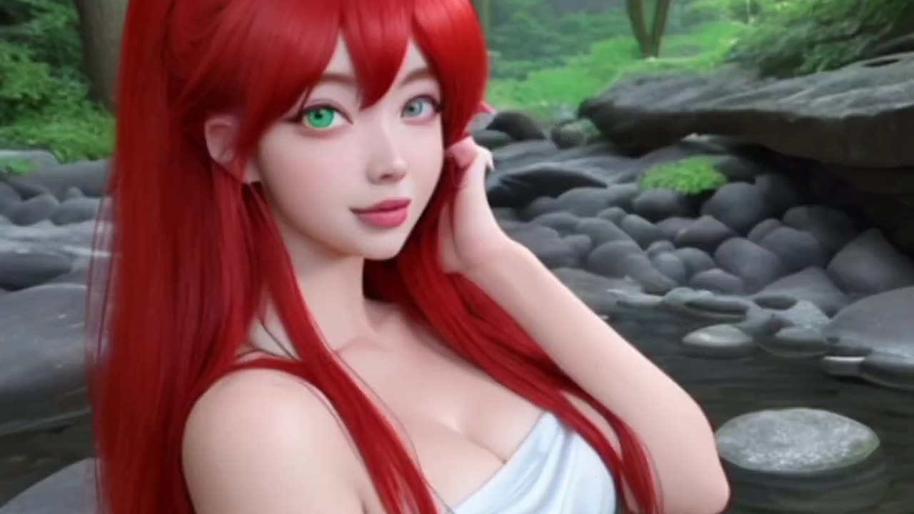Ai art 4k lookbook - redhead girl at the waterfall