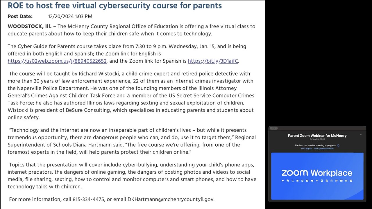 McHenry County Regional Office of Education hosts free virtual cybersecurity course for parents. We watch together.