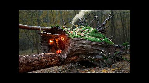 Building a Warm and Cozy Hollow for Survival, in the root of a fallen spruce. Secret cave, Bushcraft