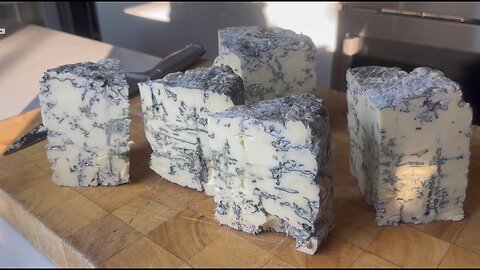 Cutting into a Wheel of Blue Cheese -- Made at Home