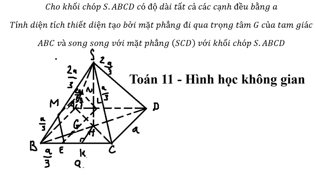 Toán 11: Cho khối chóp S.ABCD có độ dài tất cả các cạnh đều bằng a Tính diện tích thiết diện tạo bởi