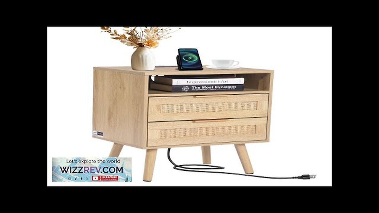 Rattan Nightstand End Table with Open Shelf 2 Drawers Boho Bedside Table Review