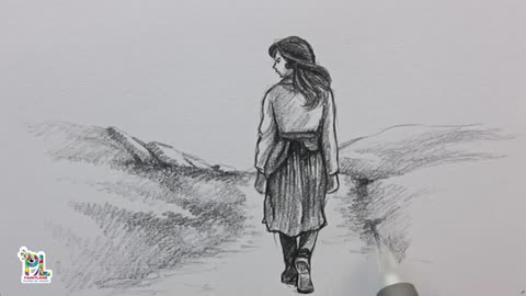 How to draw Girl walking in Village Scenery Art || Step by Step Pencil Art