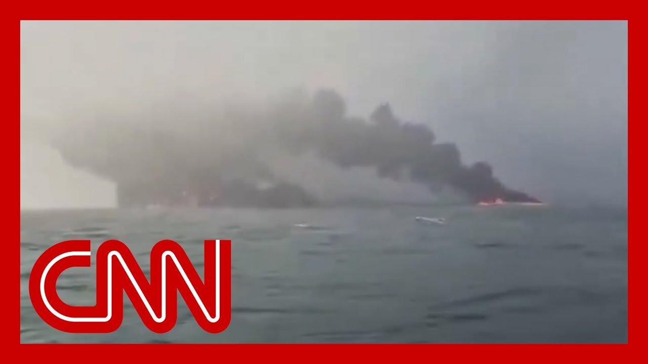 Huge fire after oil tanker and cargo ship collide