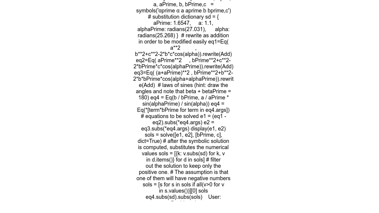 Set of equations describing general triangle only numerically solvable using sympy