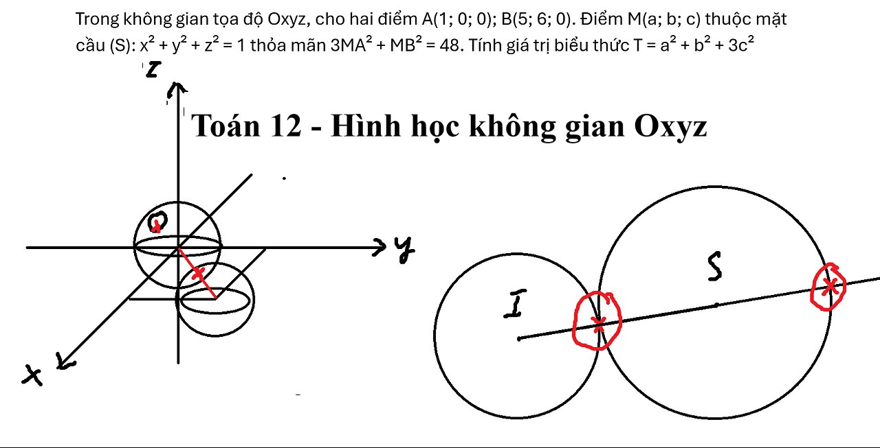 Trong không gian tọa độ Oxyz, cho hai điểm A(1; 0; 0); B(5; 6; 0). Điểm M(a; b; c) thuộc mặt cầu (S)