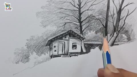 How to draw a Wooden Cabin on upland place in Scenery Art