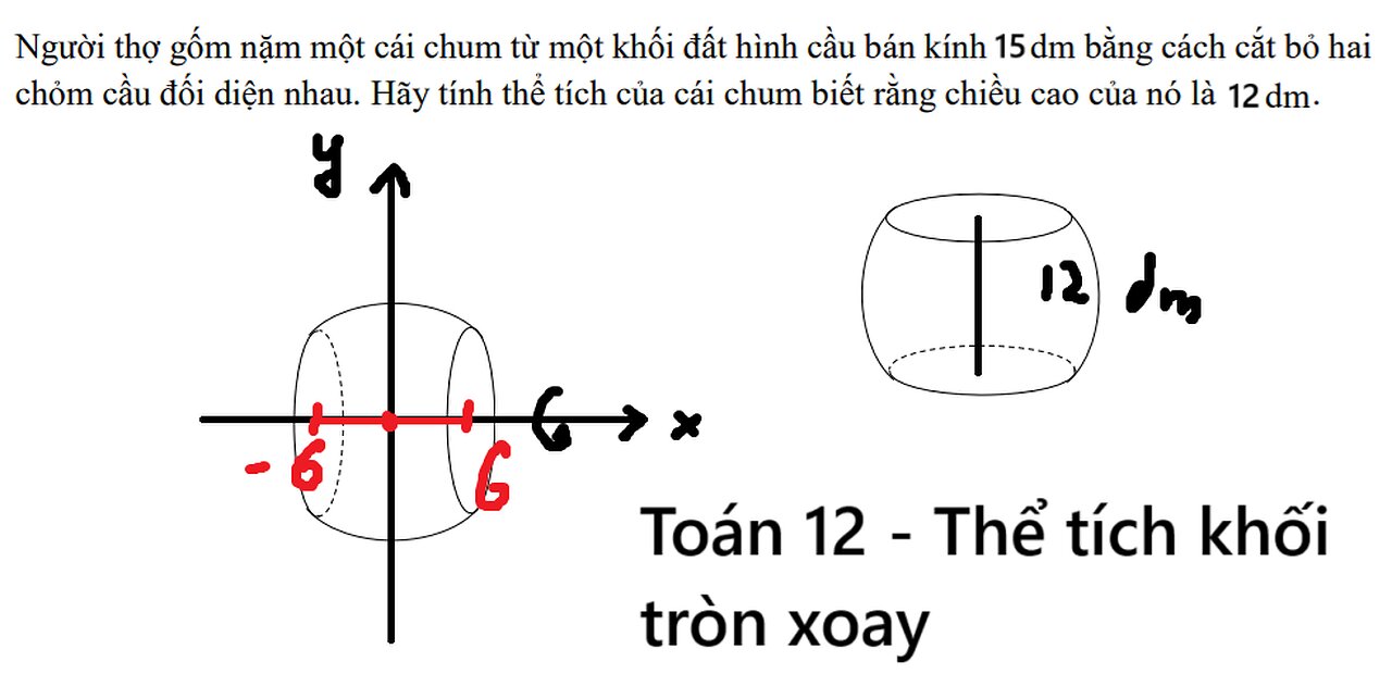 Toán 12: Người thợ gốm nặm một cái chum từ một khối đất hình cầu bán kính 5 dm bằng cách