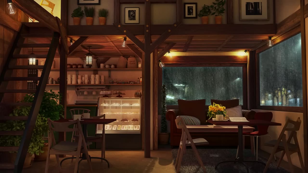 Coffee Shop Ambience for Work, Study and Relaxation, Slow Jazz on Rainy Night