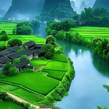 Natural scenery of rice fields and river and homesteads amidst the mountains video 2025 skc.com 12