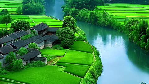 Natural scenery of rice fields and river and homesteads amidst the mountains video 2025 skc.com 12