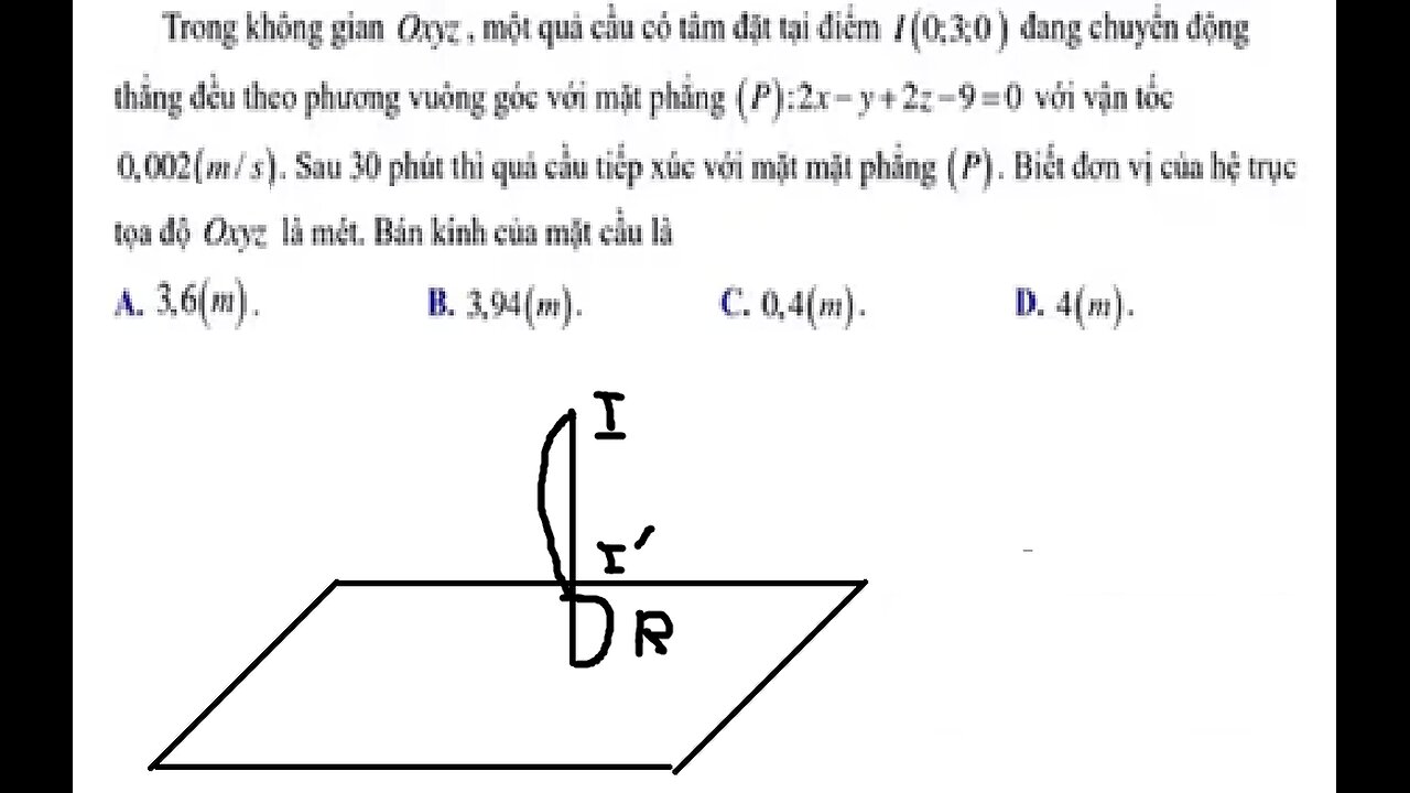 Toán 12: Trong không gian Oxyz , một quả cầu có tâm đặt tại điểm I(0;3;0) đang chuyển động