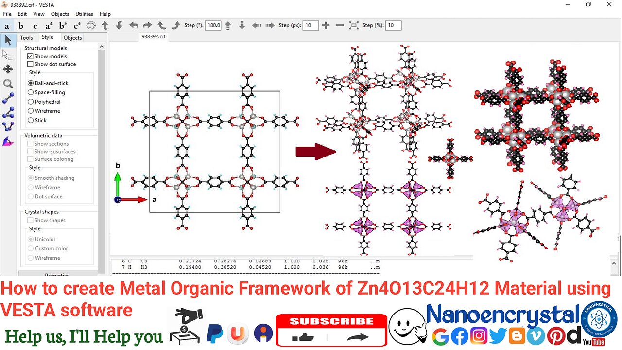 How to create a Metal Organic Framework of Zn4O13C24H12 Material using VESTA software
