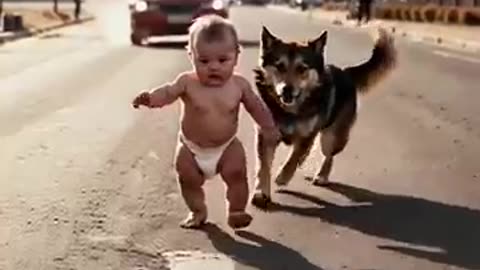 The baby is running around on the road and the dog comes to protect him