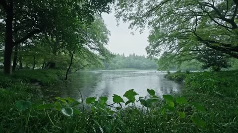 The beautiful little lake is raining