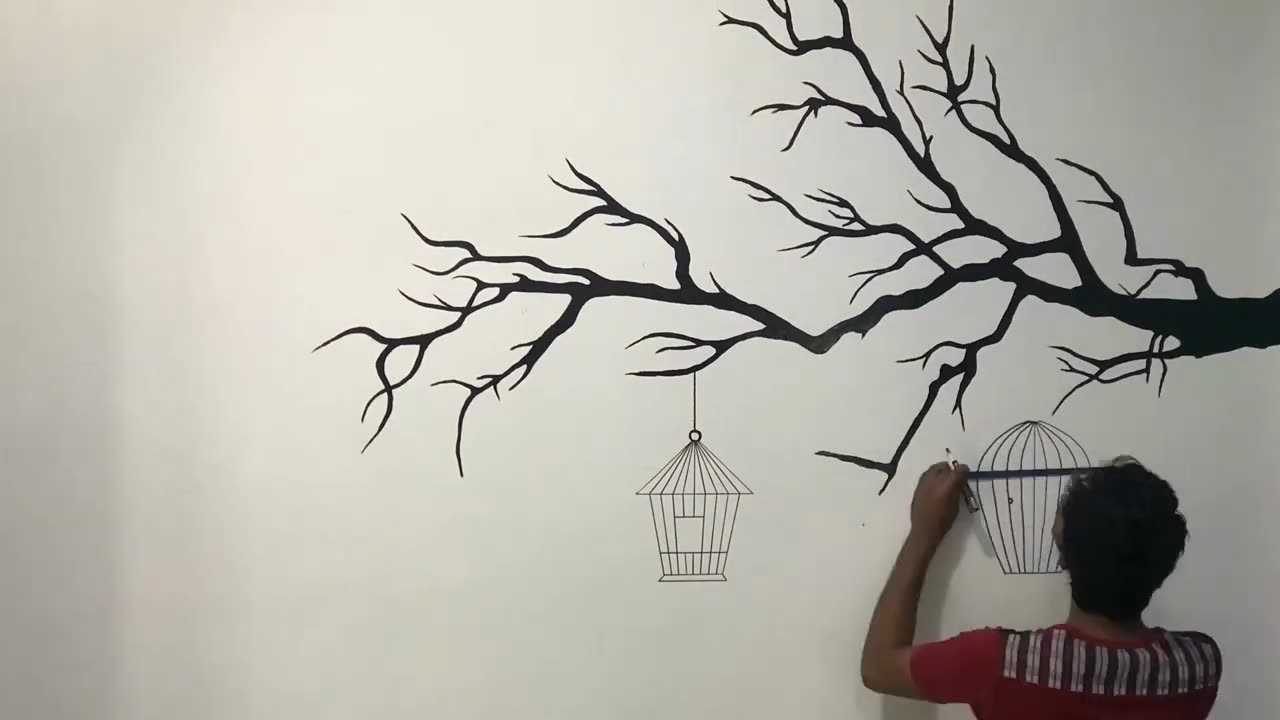 Wall art for bedroom | tree branch part 1 |නිදන කාමරය සඳහා කරගත් සිතුවමක් 🌿👍😊#drawing ​⁠