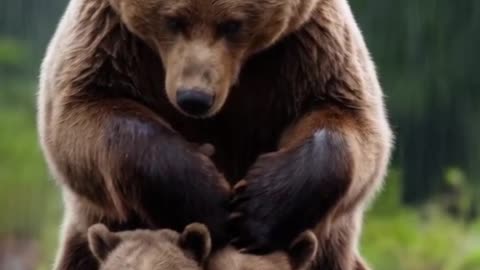 Bear protecting his cubs in the rain