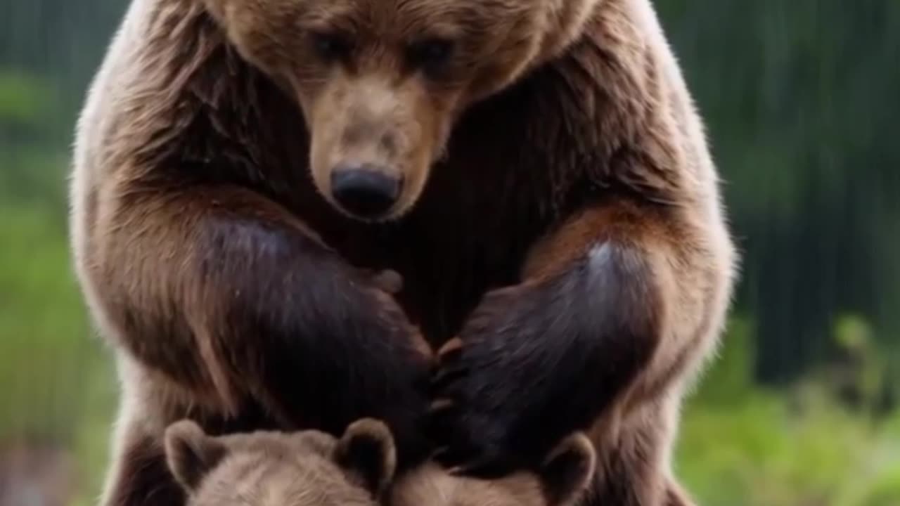 Bear protecting his cubs in the rain