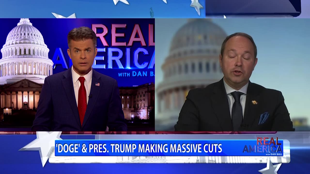 REAL AMERICA -- Dan Ball W/ Rep. Marlin Stutzman, The Lefts' DOGE Meltdown Continues, 2/11/25