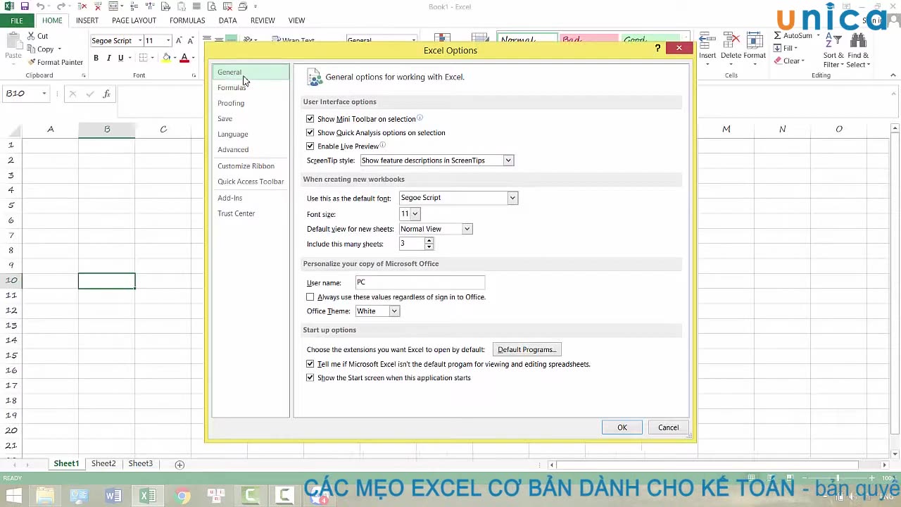 Bài 3 Đặt font chữ mặc định trong excel